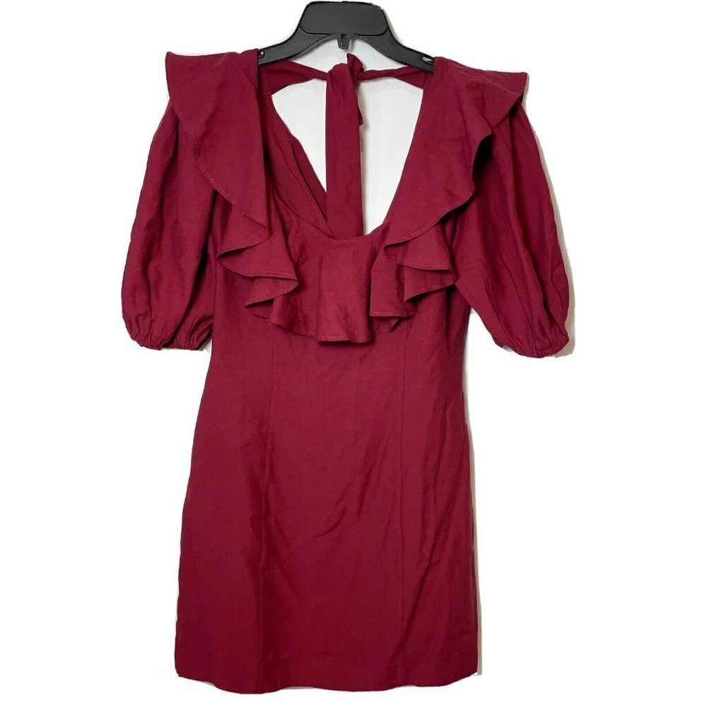 C/Meo Collective Womens Ruffle Puff Sleeve‎ Mini Dress Red M Scoop Neck Zip
